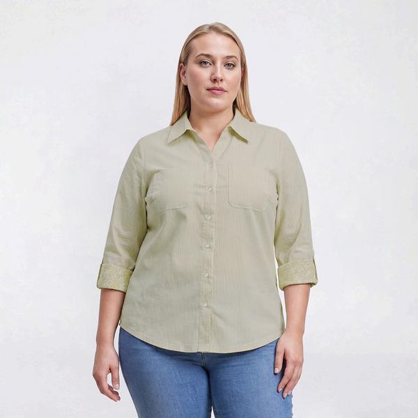 Plus Size Emily Daniels 3/4 Roll Tab Sleeve Pinstripe Button Down